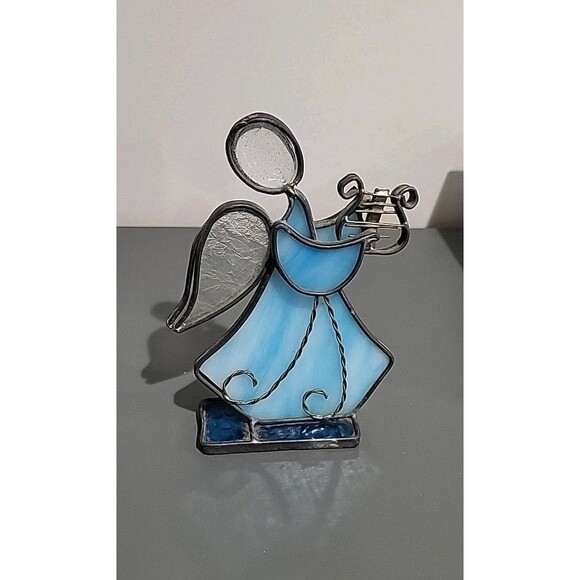 VINTAGE Handmade STAINED GLASS ANGEL PLAYING HARP Blue Leaded Glass Christmas - Picture 5 of 8